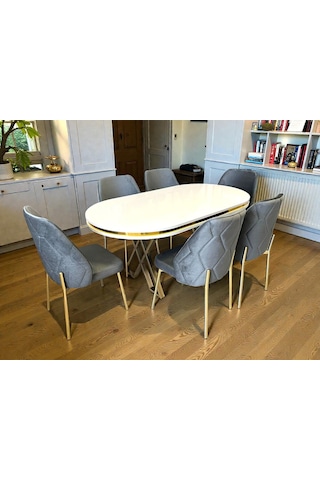 Msy Home 6 Kişilik Naz Serisi Beyaz Masa Yönsüz Kumaş Lüks Ve Modern Yemek Odası Takımı Gri
