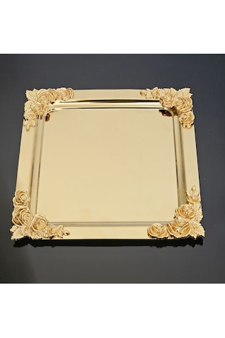 Atabey Home Collection 2'li Kahve & Çay & Sunum Tepsisi Metal Döküm Kare Gold Tepsi Gül Model