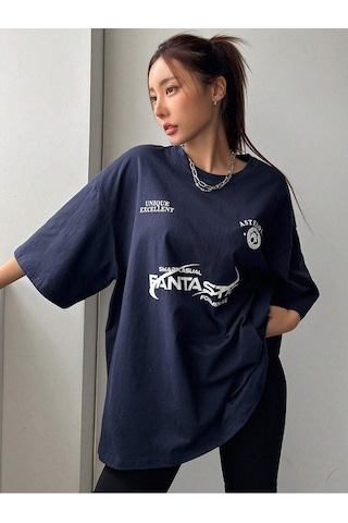 Fantastıc Süprem T-shirt - Lacivert Baskılı Oversize Bisiklet Yaka Tişört Lacivert-75049