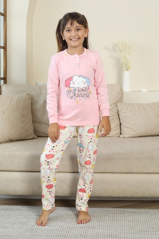 Miniğimin Cicileri Bulut Baskılı Düğmeli Kız Çocuk Pijama Tak... Pembe