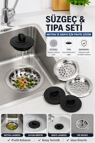4 Parça Lavabo Süzgeç Ve Tıpa Seti Paslanmaz Çelik Mutfak Banyo Gider Süzgeci Gider Kapağı Çok Renkli