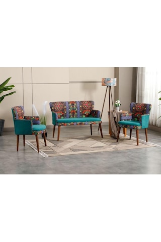 Etnik Desen Kumaş Zümrüt Yeşili Ceviz Ayak Çay Seti Koltuk Takımı Etnik