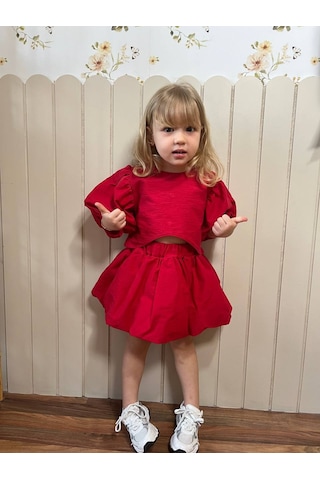 Noble Kids Kız Çocuk Balon Kol Bluz Ve Etek Takım Kırmızı