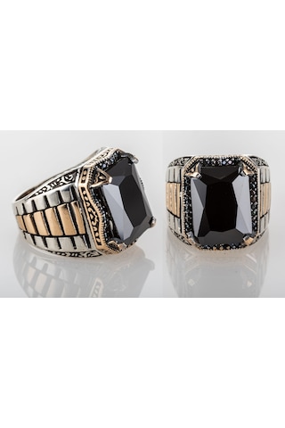 Gümüş Saat Kordon Model Siyah Zirkon Taşlı Erkek Yüzük