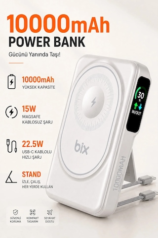 Diğer - Beyaz - Kablosuz Magsafe Powerbank 10000 Mah 20w Hızlı Şarj 15w Standlı Apple iPhone Uyumlu 12-13-14-15-16-17