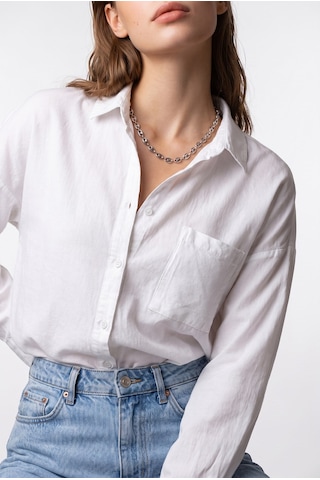 Mixray 4963 Kadın Tencel Kumaş Oversize Cepli Uzun Kollu Gömlek Beyaz