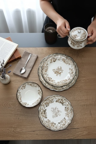 Akayev Porselen Vintage Brown 24 Parça Yemek Takımı Kahverengi