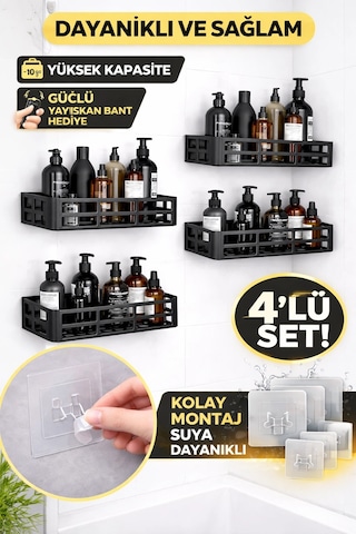 Duş İçi Yapışkanlı Banyo Rafı 4 Lü Set Delme Yok Güçlü Yapışkan Bantlı Organizer Siyah Duş İçi Yapışkanlı Banyo Rafı 4 Lü Set Delme Yok Güçlü Yapışkan Bantlı Organizer Siyah