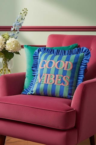 Good Vibes Fırfırlı Dekoratif Kırlent Kılıfı Mavi