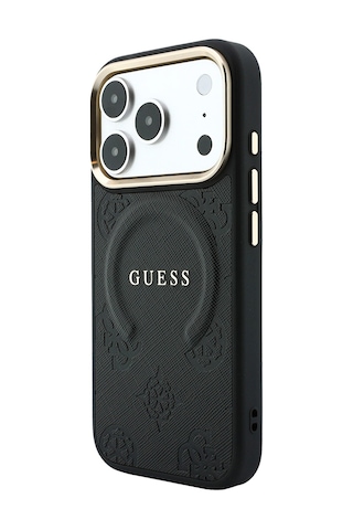 Apple iPhone Uyumlu 18 Pro Max Kılıf Guess Lisanslı M-safeli Yazı Logolu C-magnet Pu Deri Peony Kapak Siyah