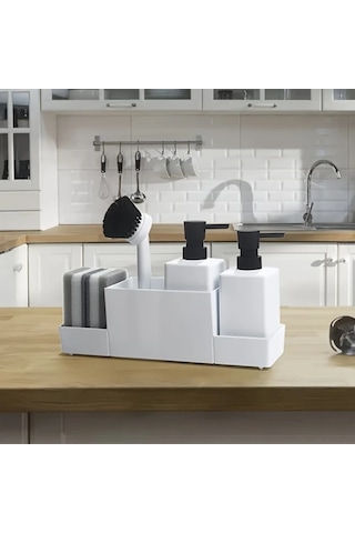 Motion003 6 Adet Mat Siyah Çift Sabunluklu Sünger Tutucu Ve Bulaşık Fırçası Bej Rengi Alt Depolama Drenajlı Mutfak Lavabosu Veya Banyo İçin Modern Minimalist Tasarım Bej Rengi Bej