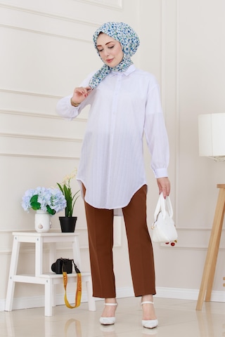 Sevitli Göğüsü Taş Detaylı Oversize Tunik-beyaz-5229 Beyaz