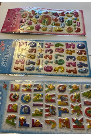 Eğitici Çocuk Sticker Etiket Oyunu 3 Kartela Birden Alfabe Rakam ve Meyveler