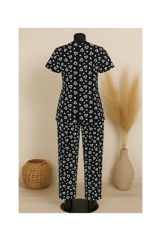 Fantezia Night Kadın Siyah Beyaz Kalp Desenli Fiyonklu Kısa Kollu Pijama Takımı
