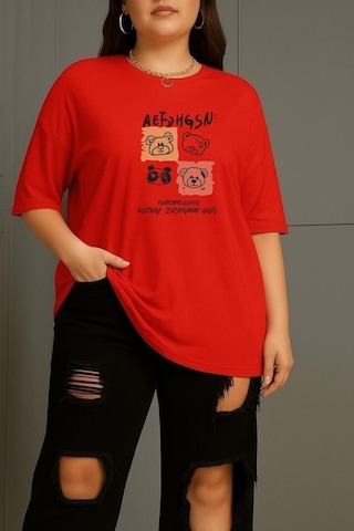 Büyük Beden Aef Ayıcık Baskılı Unisex Tişört Kırmızı
