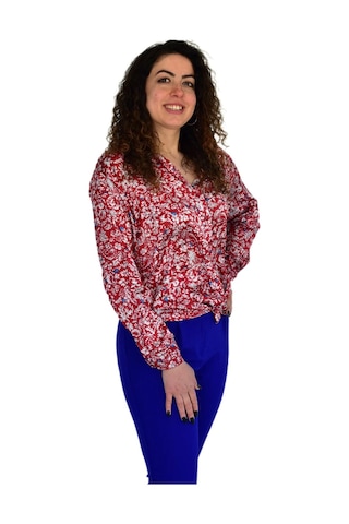 Kadın Saten Baskıkılı Desen Uzun Kol Gömlek Bgl-st04214 Kırmızı