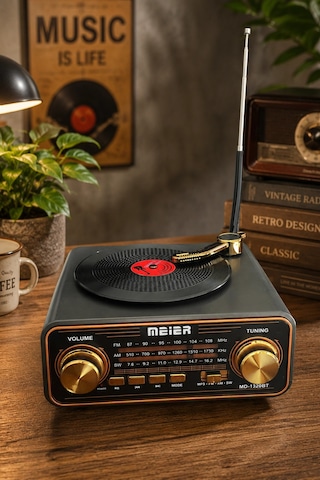 Meier Md-1320bt Siyah Nostaljik Görünümlü Bluetooth Hoparlör Ve 3 Bantlı Şarjlı Radyo