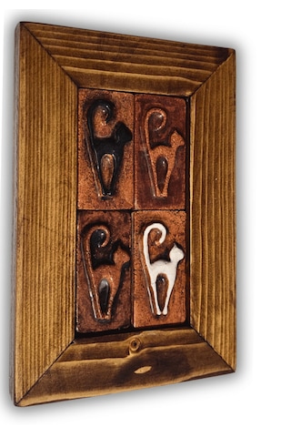 Rustik Bohem El Yapımı Seramik Kedi Duvar Panosu Ahşap Çerçeveli 15x23 Cm Ahşap 01