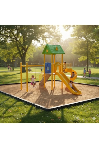 Dış Mekan Çocuk Oyun Parkı 6.5x5.5m, Ev Çatılı Model-63 Çok Renkli