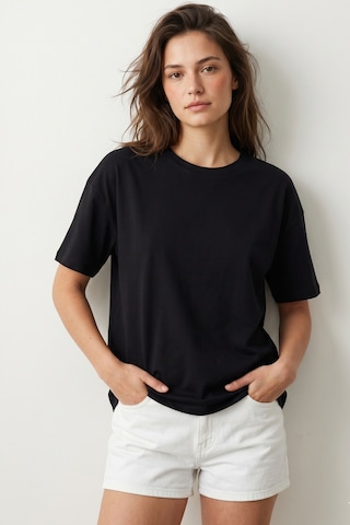 Elemge Pamuk Süprem Tok Kumaş Kadın Boxy Fit Siyah T-shirt Bol Kesim Düşük Omuzlu Bisiklet Yaka Oversize Tişört