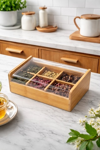 Makri Home Bambu 6 Bölmeli Düzenleyici Kutu, Şeffaf Kapak Bambu