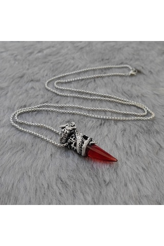 Chavin Ejderha Kırmızı Uzun Zincirli Erkek Çelik Kolye Dm65Kr Gümüş