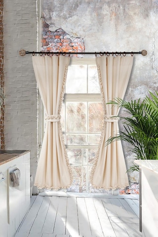 Naturel Perde Bohem Çift Kanat Büzgü Bantlı Krem