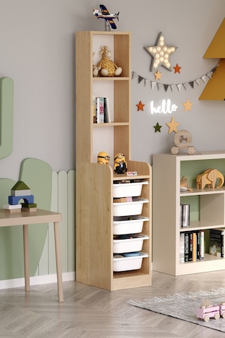 5 Sepetli 3 Raflı Dolap Çok Amaçlı Dolap Oyuncak Dolabı Derya Safir Meşe Açık Kahverengi