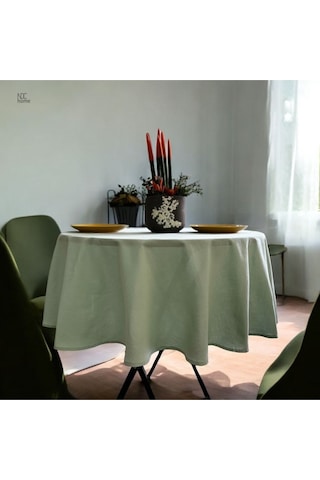 Dnc Home Tekstil Keten Adaçayı Yeşil Yuvarlak Düz Masa Örtüsü Adaçayı Yeşil