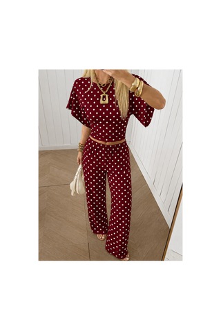 Wild Flower Kadın Puantiyeli İkili Takım Crop Bluz Bol Paça Pantolon Bordo