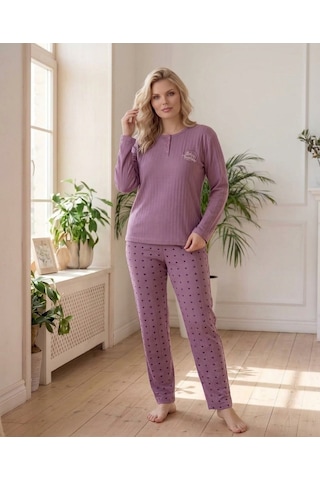 Eyfuze Kadın Kışlık Büyük Beden Curve Nakışlı Desenli Yakası Düğmeli Uzun Kollu Pijama Takımı Koyu Lila