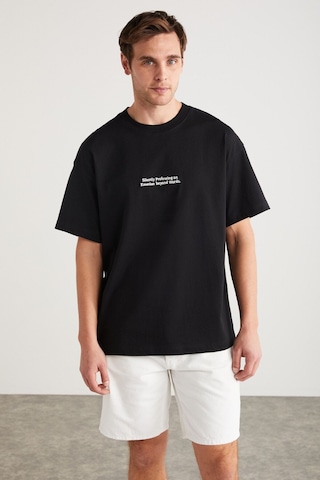 Grimelange RICO Erkek %100 Pamuklu Önü Ve Arkası Baskılı Bisiklet Yaka Kısa Kollu Oversize Siyah T-Shirt