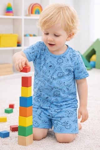 Aden Kids Erkek Çocuk Mavi Saferi Baskılı Yazlık Pijama Takımı Açik Mavi