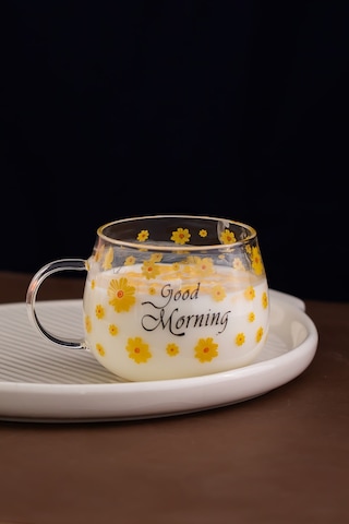 Porsima 2089 2li Borosilikat Isıya Ateşe Dayanıklı Cam Kulplu Çay Bardağı Kahve Bardak Kupa Sarı 400 Ml Şeffaf