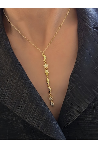 Manifest Y Dikey Sembollü Hamsa Ay Yıldız Figürlü Kolye Gold