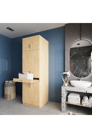 Piramit Çamaşır Ve Kurutma Makinesi Dolabı Banyo Dolabı Meşe Meşe