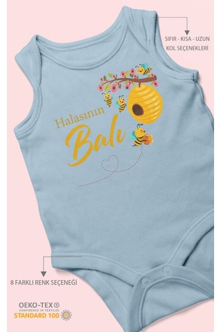 Halasının Balı Baskılı Bebek Zıbını Çıtçıtlı Body 8 Renk %100 Pamuk Sıfır Kol Bebe Mavisi