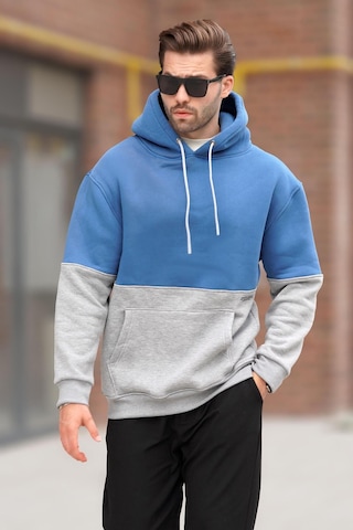 Madmext İndigo Kapüşonlu Renk Bloklu Baskı Detaylı Erkek Sweatshirt 7046 Mavi