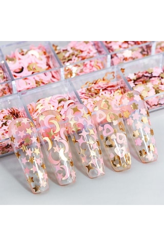 Pembe Ve Gold Tırnak Süsleme Folyo Pulları Karışık Dizayn Ay Yıldız Kalp Nail Art
