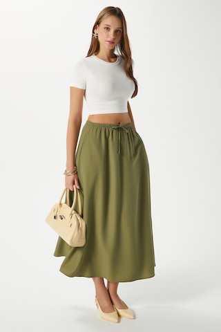 Kadın Seaside Haki Astarlı Bel Lastikli Cepli Dokuma Uzun Etek Haki