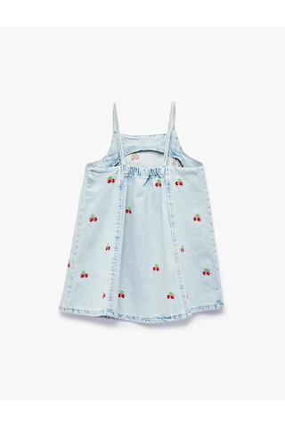 Koton Çilek Detaylı Kare Yaka Askılı Denim Elbise Lıght Indıgo 6smg80008ad Açık Mavi