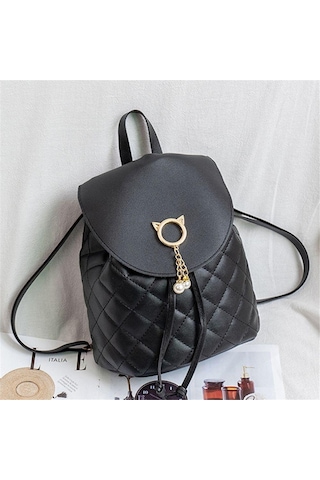Kadın Küçük Mini Çocuk Pu Deri Bağcıklı Öğrenci Kitap Çantaları Sırt Çantası Black Siyah