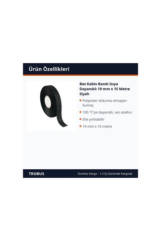 Trobus Bez Kablo Bandı Isıya Dayanıklı 19 Mm X 15 Metre Siyah