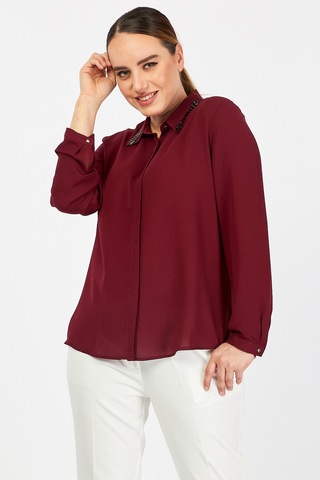 Pera Moda Büyük Beden Yaka Boncuklu Gömlek Bordo