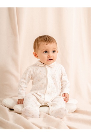 Jakarlı Baskılı, Bebe Yakalı, Patikli Bebek Tulum 1-3 / 3-6 / 6-9 / 9-12 Ay Ekru