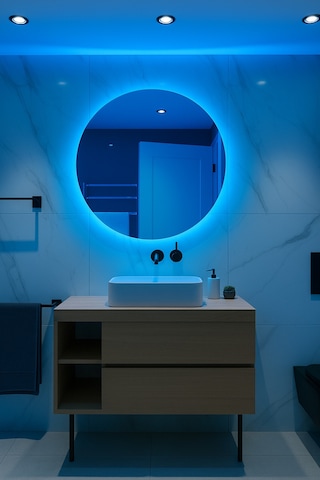 Digital Hayat Mavi Led Işıklı Yuvarlak Ayna Dekoratif Banyo Makyaj Aynası Mavi