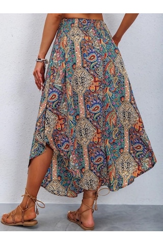 Kadın Beli Lastikli Bağcıklı Asimetrik Kesim Detaylı Desenli Bürümcük Etek Desenli