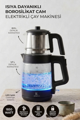 Demzade Isıya Dayanıklı Borosilikat Cam Elektrikli Çay Makinesi Alt 1,7 Lt Üst 0,9 Lt 1850-2200 W Kettle Çaycı Çay Seti