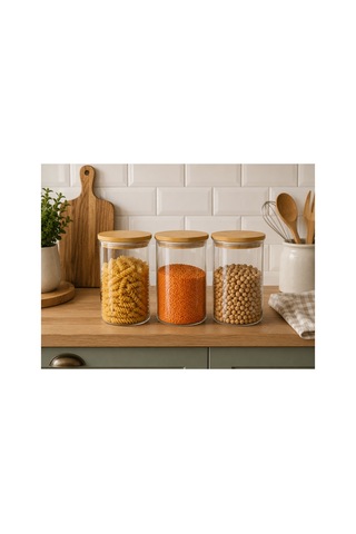 3lü Set Bambu Kapaklı Cam Saklama Kavanozu Hava Geçirmez Çok Amaçlı Mutfak Saklama Kabı 850ml Şeffaff