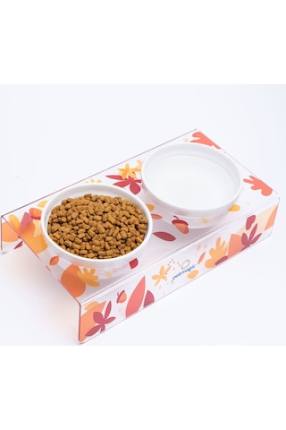 Petmagic Akrilik Pleksi Seramik Kase İkili Kedi Mini Irk Köpek Evcil Hayvan Mama Su Kabı Sonbahar